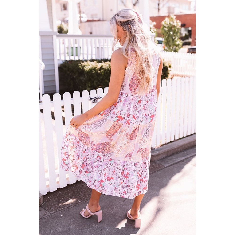 Entro Women Dress Medium Pink Paisley Floral Tiered Midi Flowy Boho Patchwork - Picture 9 of 10